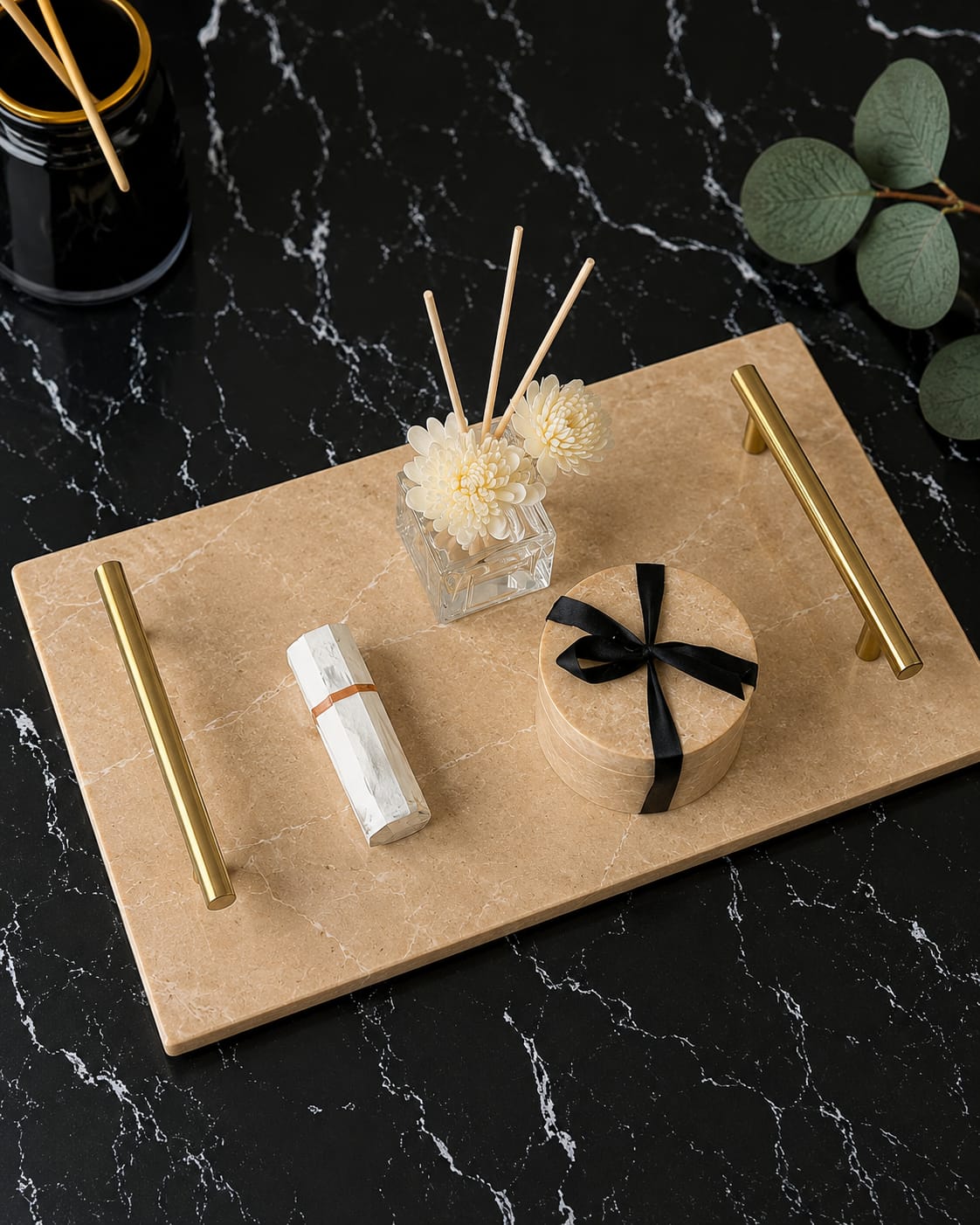 Premium Rectangular Marble Serving Tray with Gold Handles